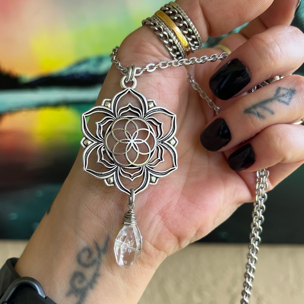 Herkimer diamond mandala lotus flower charm stainless steel chain boho crystals - Picture 7 of 11